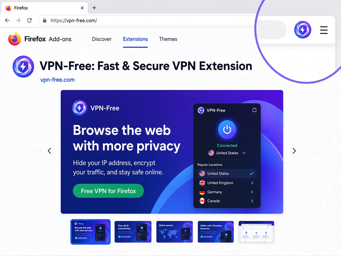 VPN-Free extension on Firefox Add-ons with connected United States server