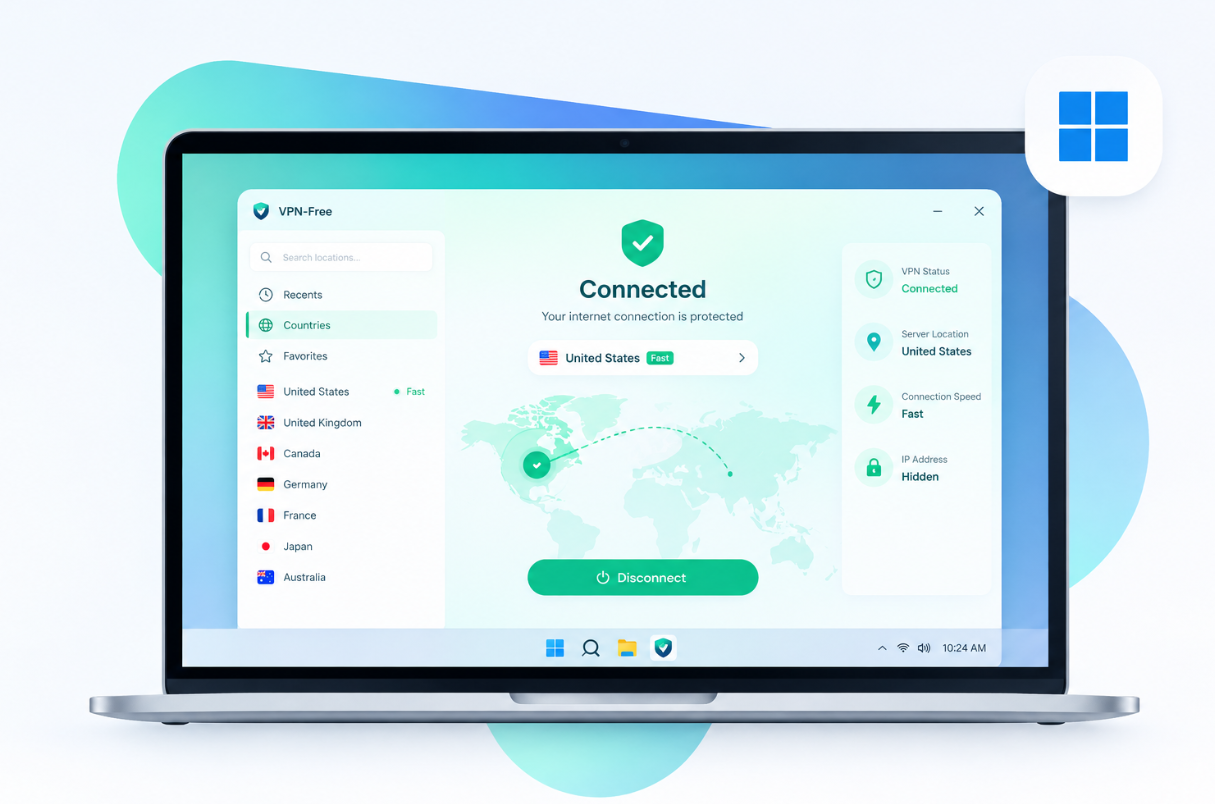 VPN-Free for Windows connected to a United States server